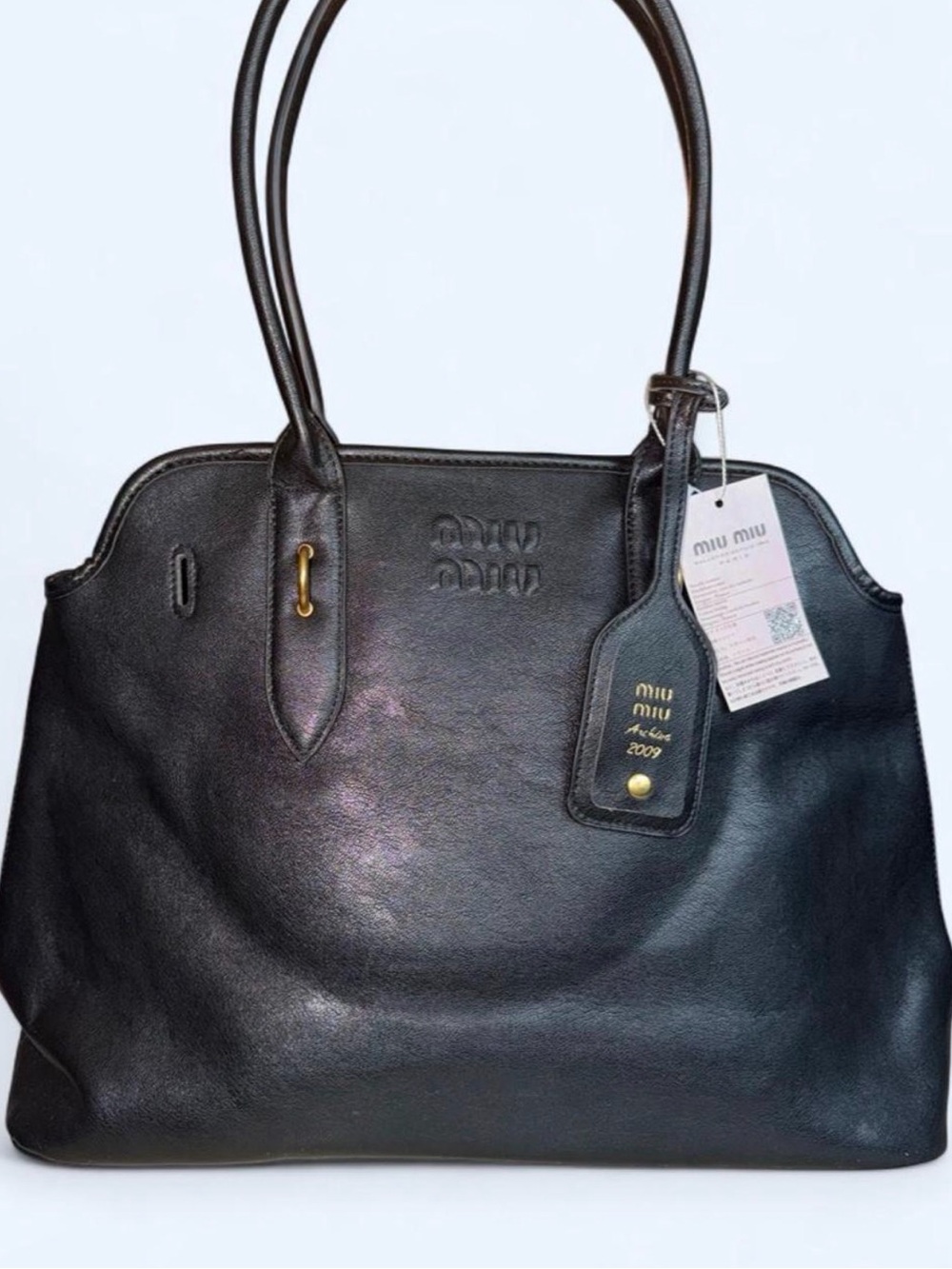 Miu Miu Black Leather Double-Handle Tote with Branded Tag